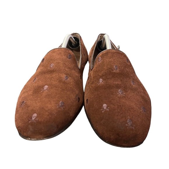 Bow Tie Mens Shoes Brown Skull Formal Velvet Loafer US 11 Smoking Shoes - Picture 2 of 14